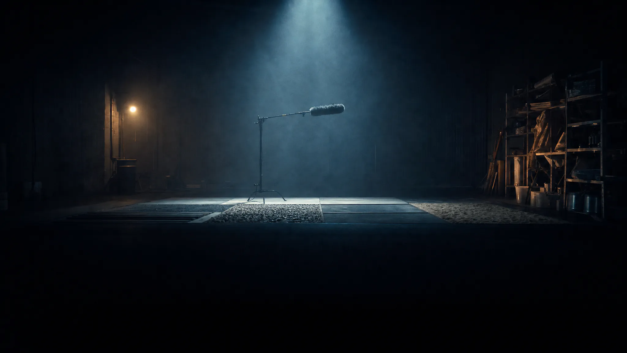 AI sound effects generator — an empty foley stage with a boom microphone above gravel, sand and board surfaces
