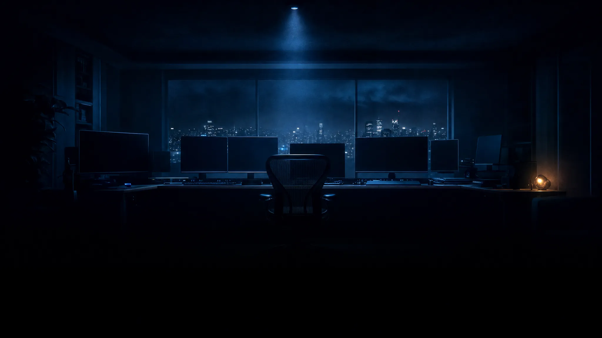 AI creative agent — a darkened control room of switched-off monitors above a night city