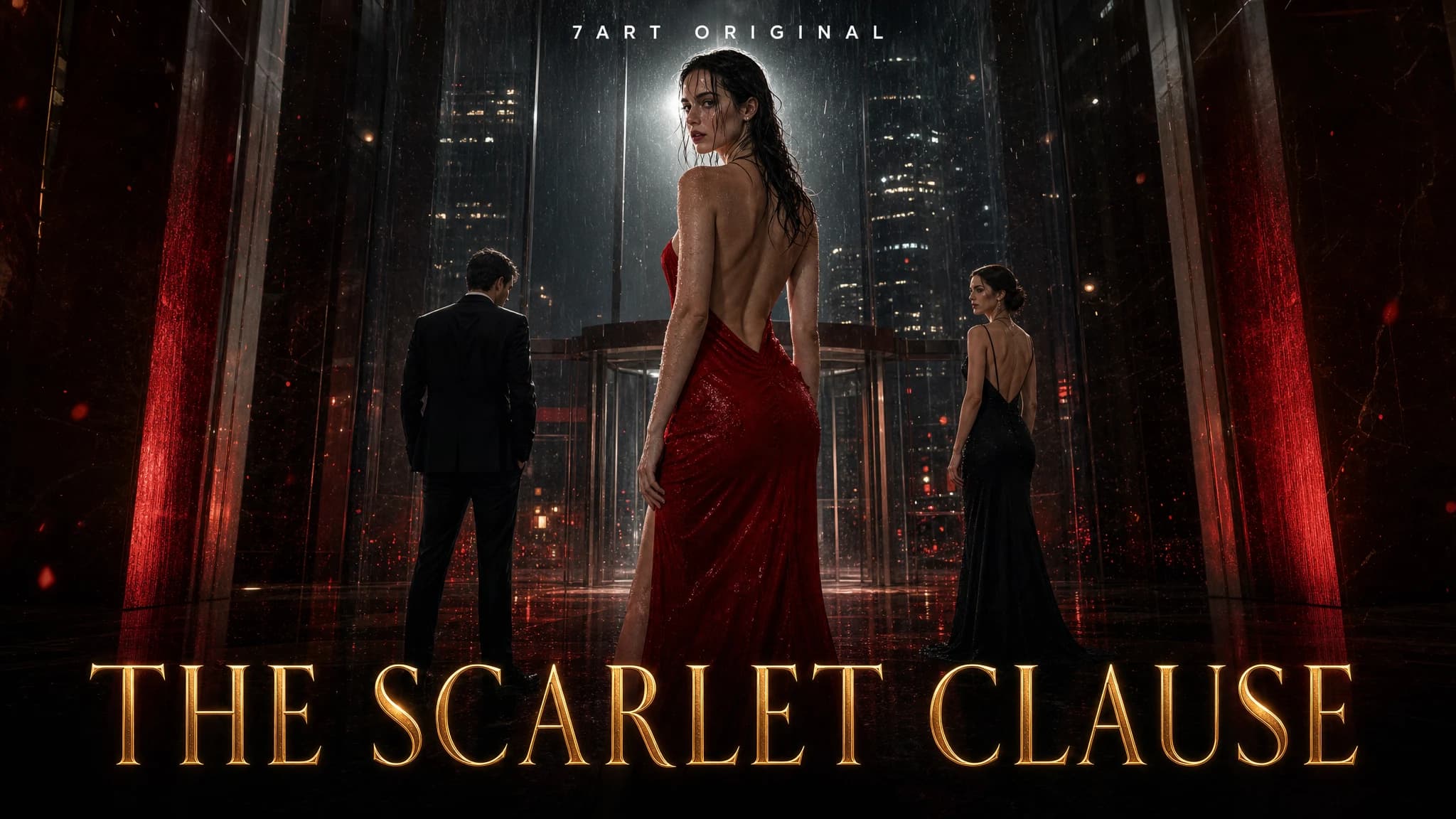 Key Art für ein Kurzdrama – eine Frau in einem scharlachroten Kleid, beleuchtet von hartem Konturlicht vor einer regennassen nächtlichen Skyline