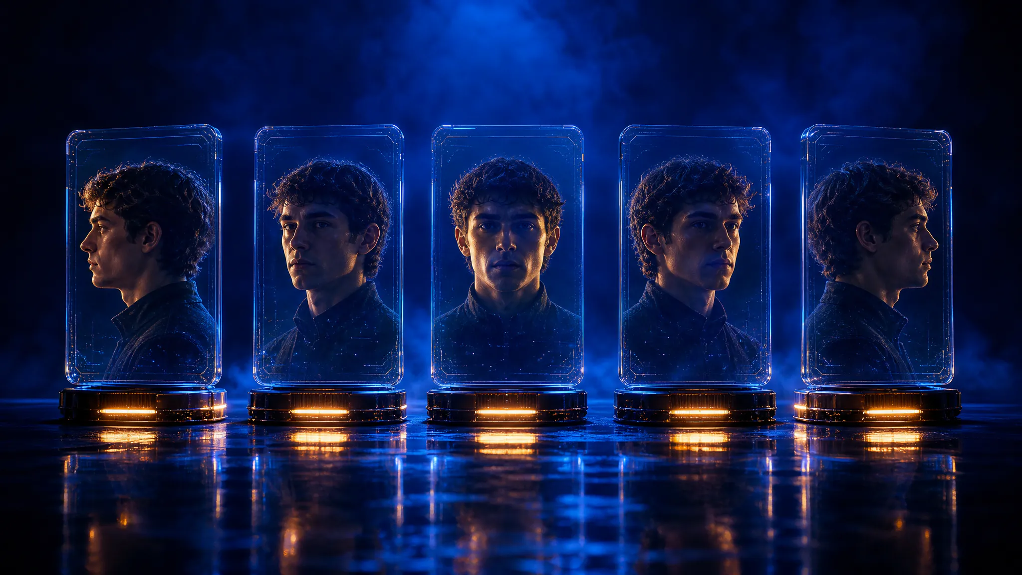 Five identical holographic frames of the same character — locked identity across shots