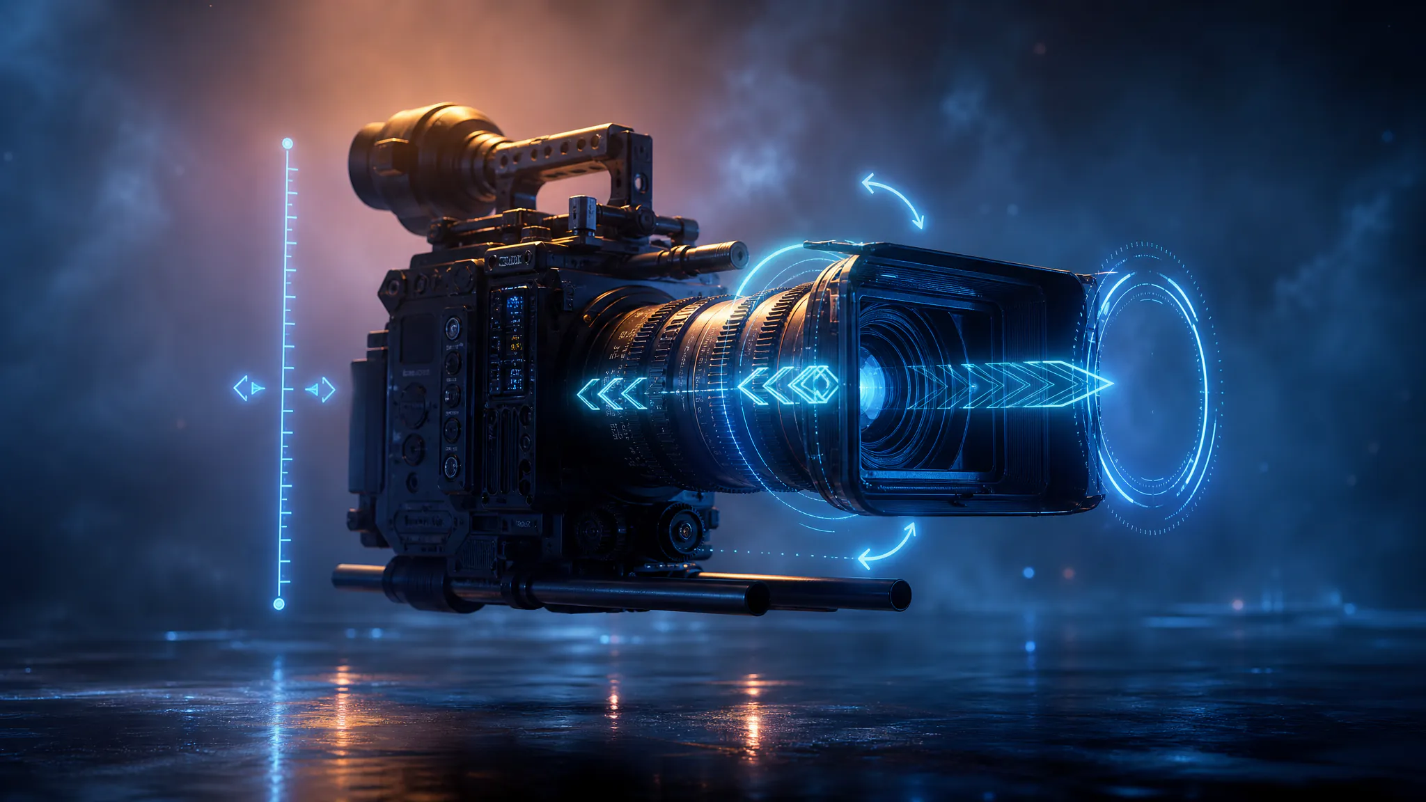 Futuristic cinema camera rig with holographic dolly/pan/focus readouts