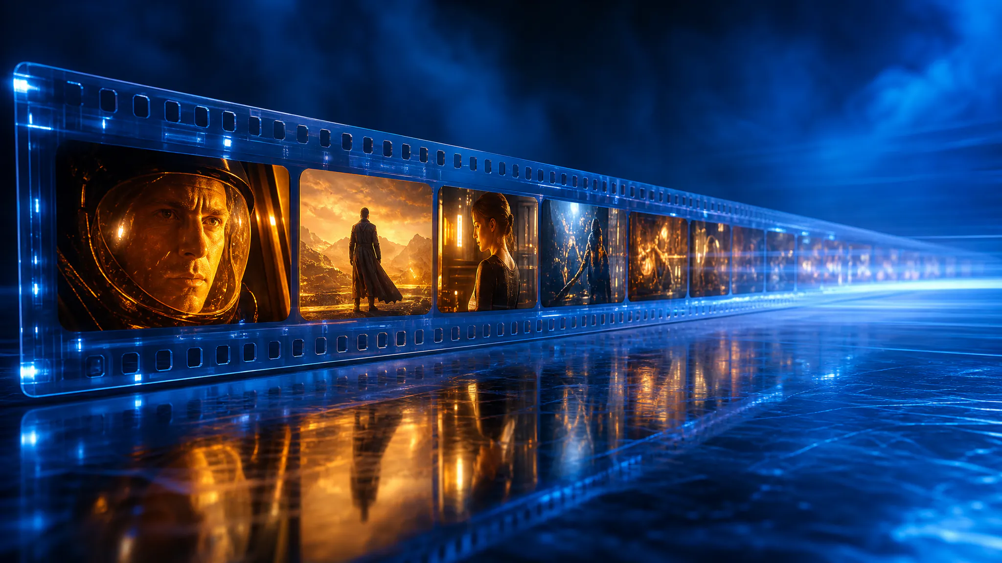 Holographic film strip stretching into the distance — longer single-shot clips