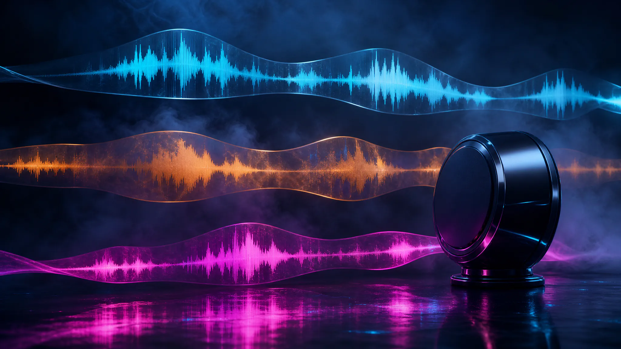 Three coloured audio-waveform ribbons stacked — dialogue / ambient / music stems