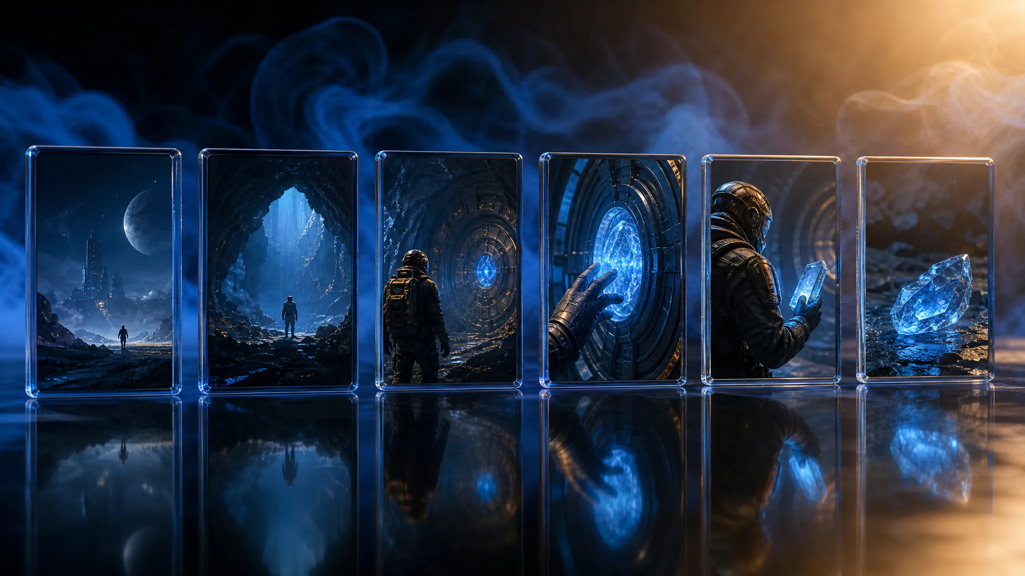 Storyboard of six holographic frames laid out as a narrative sequence