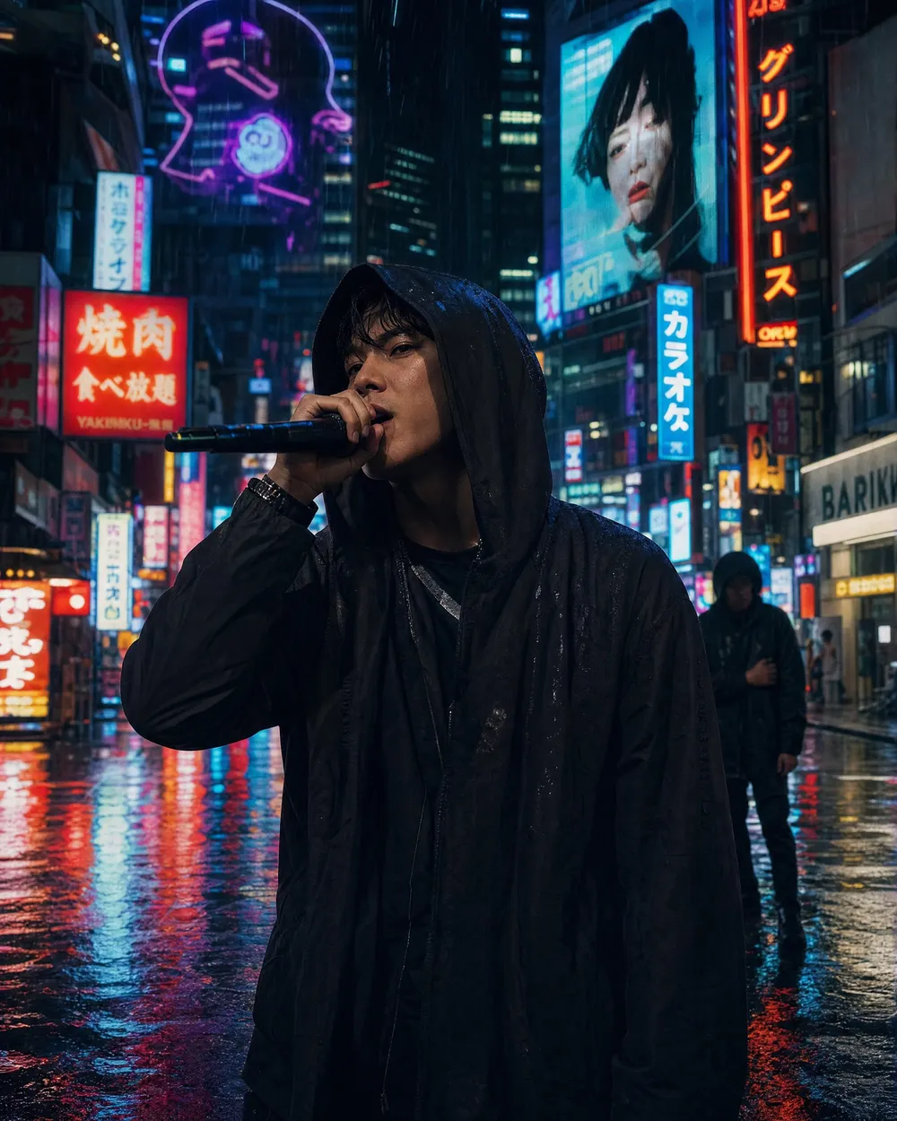 a cyberpunk street rapper in neon Tokyo