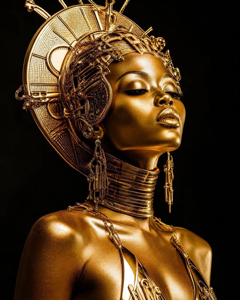an afro-futurist diva sculpted in liquid gold
