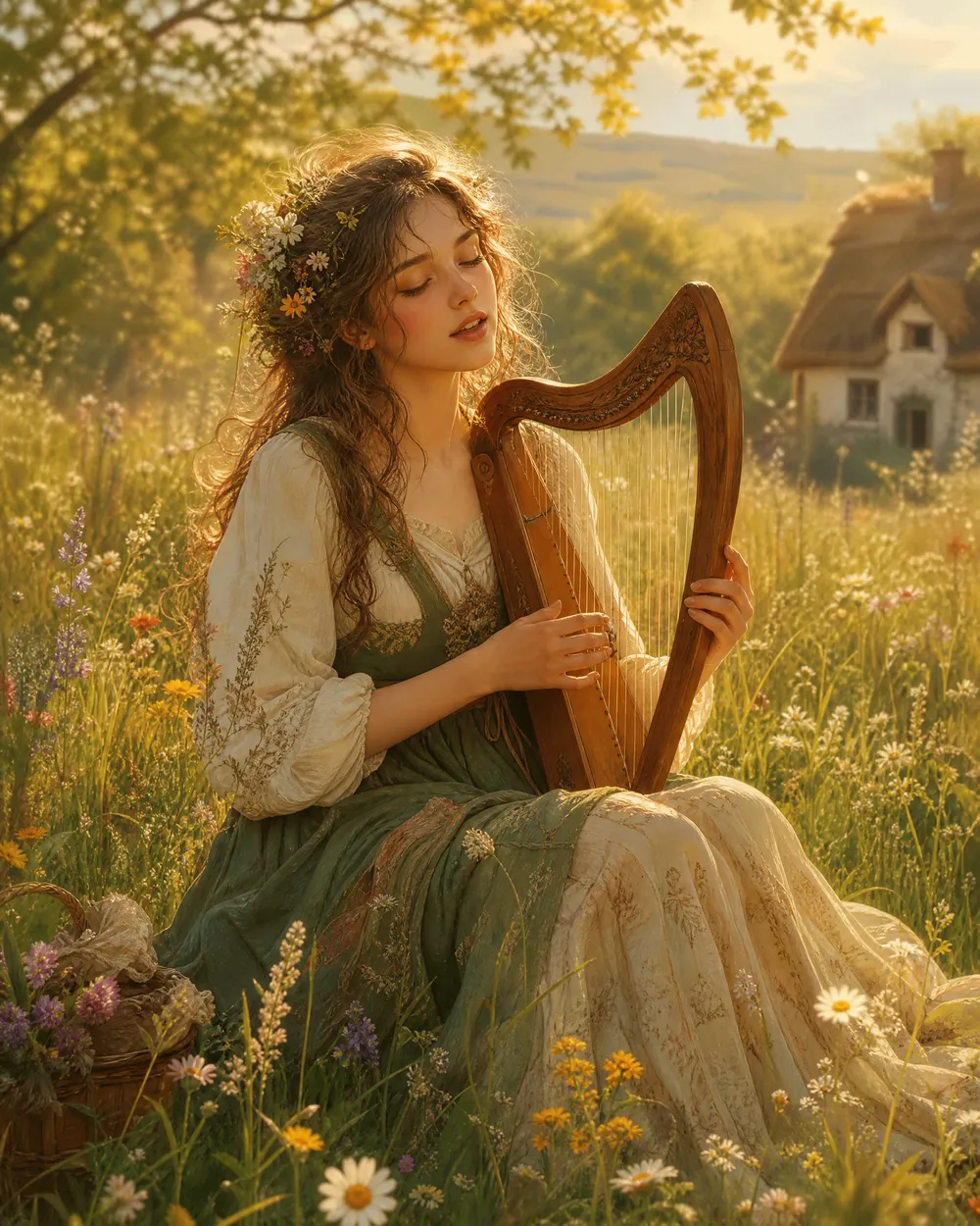 a cottagecore folk singer with a harp
