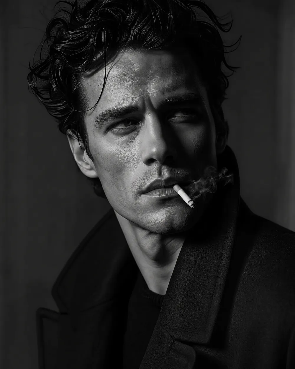 a stoic drama lead, shot in monochrome