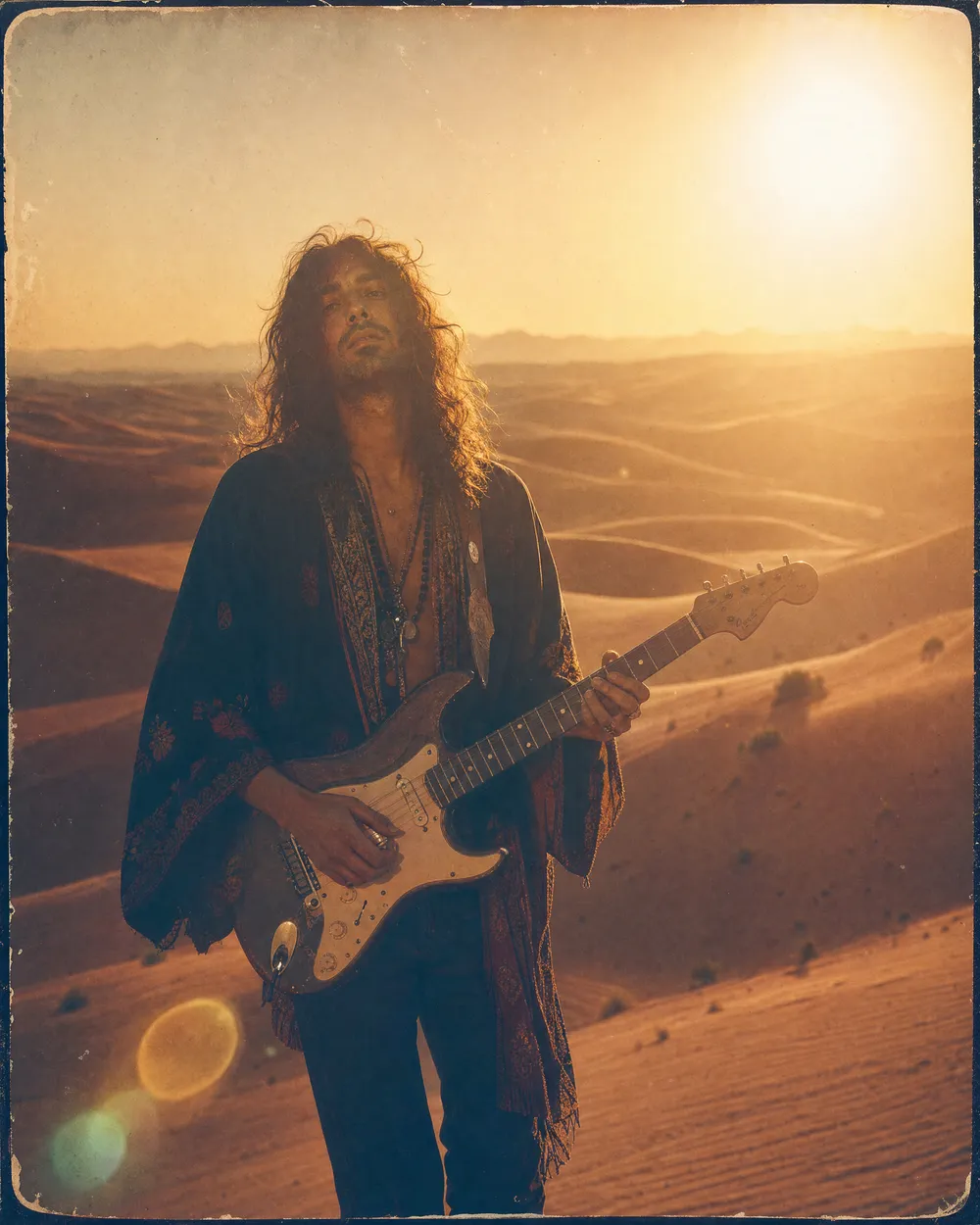 a desert psych-rock guitarist at golden hour