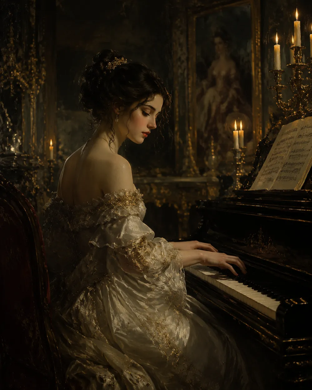 a candlelit classical pianist, painted
