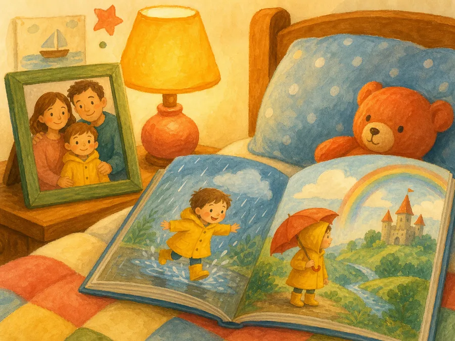 Un livre illustré ouvert sur un lit, son héros ressemblant à l’enfant de la photo encadrée à côté