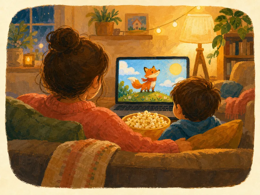 Un parent et un enfant sur un canapé regardant un dessin animé lumineux avec un renard sur un ordinateur portable