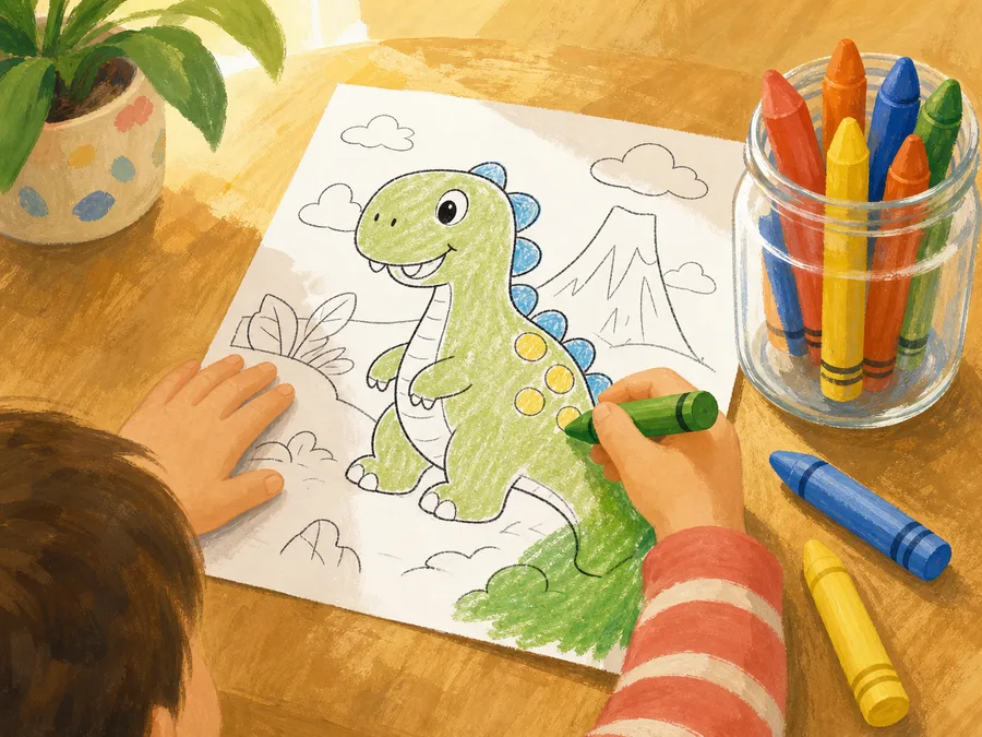 Un enfant coloriant une page de dinosaure fraîchement imprimée avec de gros crayons