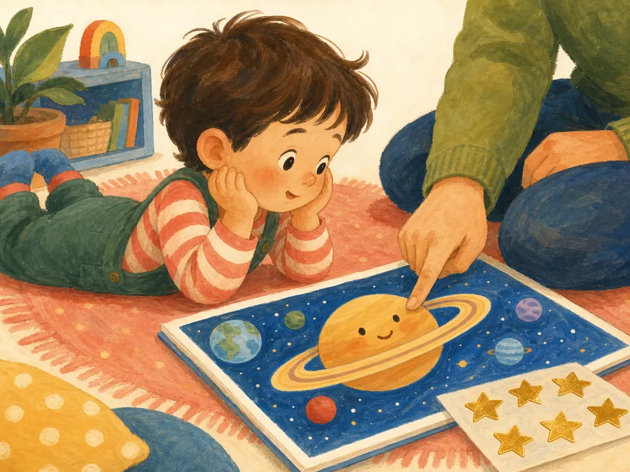 Un enfant sur un tapis regardant une page illustrée et colorée sur les planètes
