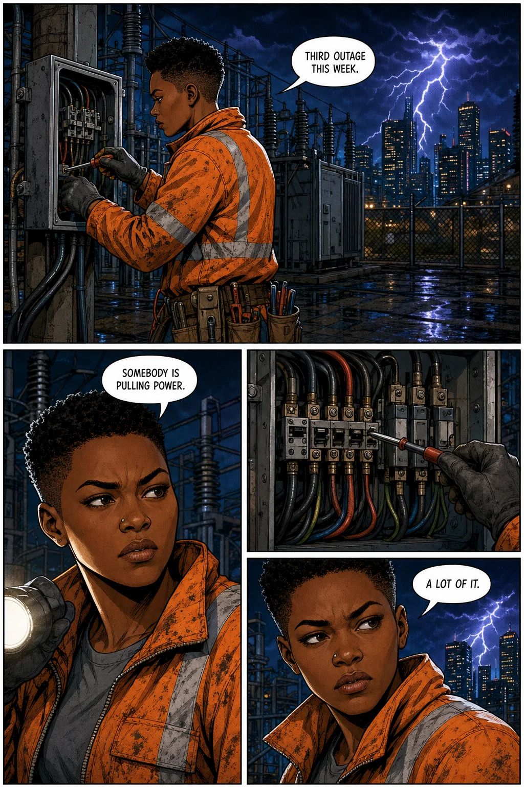 My Grid, page 1 of 10. Inked and colour-flatted western comic page with panel gutters and lettered speech balloons.